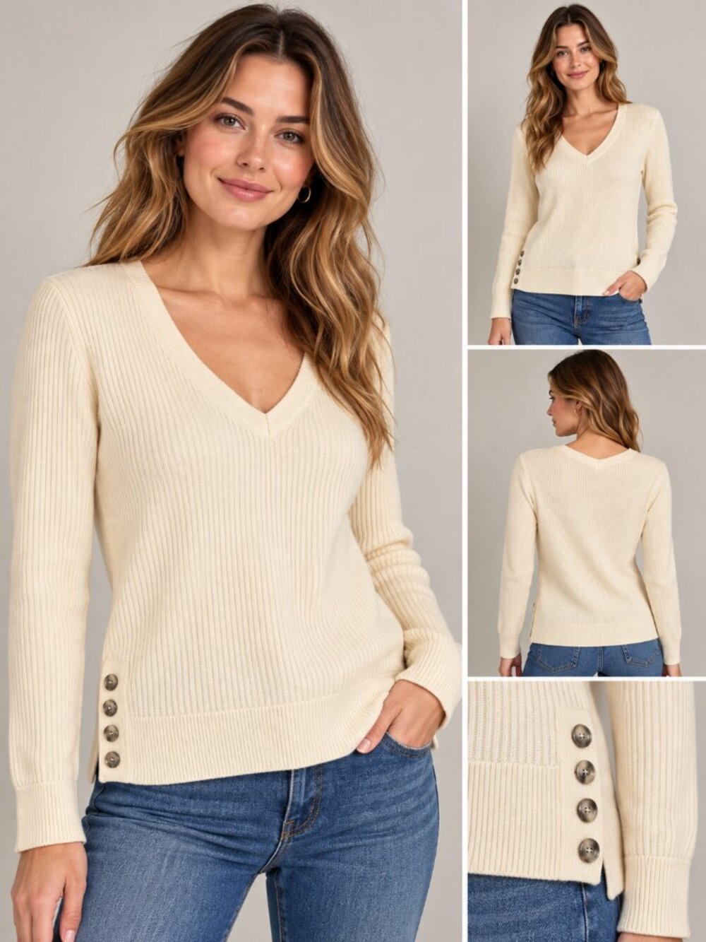 Banana Republic Wool Blend Ribbed V-Neck Sweater Medium Ivory Side Button
